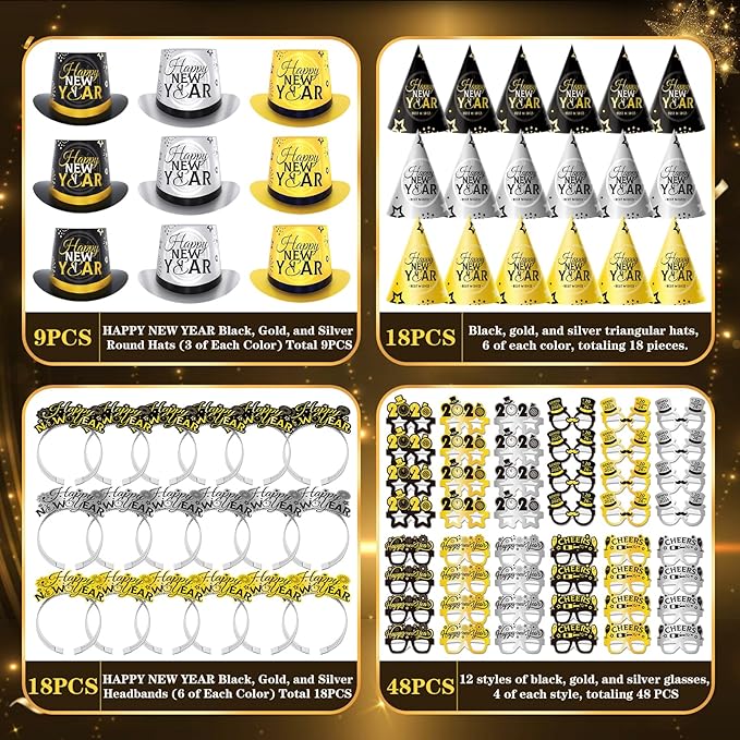 93PCS New Years Eve Party Supplies 2026 for 48 Guests, Happy New Years Decorations Party Favors Includes Top Hats, Tiaras, Glasses Accessories for Adults Kids Nye Decorations 2026