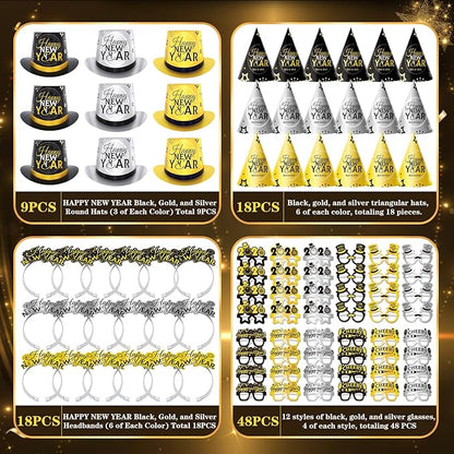 93PCS New Years Eve Party Supplies 2026 for 48 Guests, Happy New Years Decorations Party Favors Includes Top Hats, Tiaras, Glasses Accessories for Adults Kids Nye Decorations 2026