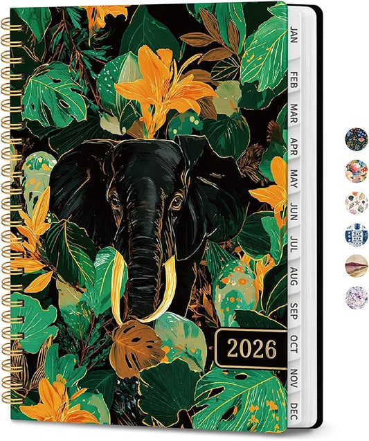 2026 Planner, Weekly and Monthly Planner for Women, Jan 2026 - Dec 2026 Pretty 2026 Calendar Planner with Monthly Tabs, Inner Pocket, Spiral Binding, Perfect for Office Home School - 6.3" x 8.5", Jungle Elephant