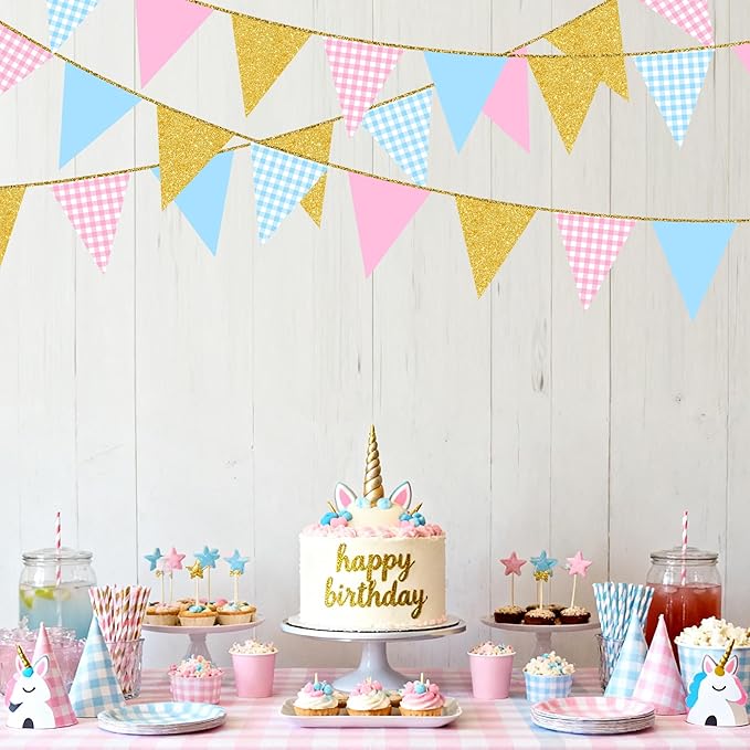 Pink and Blue Buffalo Plaid Gold Party Decorations Pennant Banner Flag Hanging Glitter Paper Triangle Bunting for Boy or Girl Gender Reveal Baby Shower Birthday Wedding Bridal Shower Party Supplies