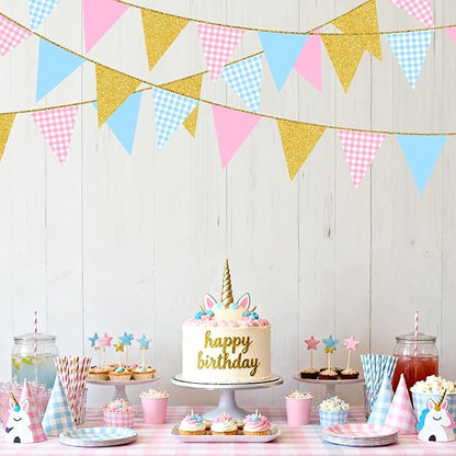 Pink and Blue Buffalo Plaid Gold Party Decorations Pennant Banner Flag Hanging Glitter Paper Triangle Bunting for Boy or Girl Gender Reveal Baby Shower Birthday Wedding Bridal Shower Party Supplies