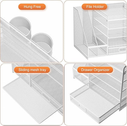 Marbrasse Desk Organiser with File Holder, 5-Tier Paper Letter Tray Organiser with Drawer and 2 Pen Holder, Mesh Desktop Organizer and Storage with Magazine Holder for Office Supplies(White)