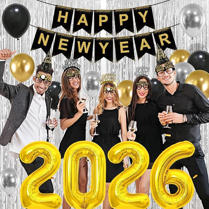 New Years Eve Party Supplies 2026 New Years Decorations Happy New Year Banner 2026 Balloons Hats Glasses Tiaras Squawkers Fringe Curtains for Party Decor Photo Props