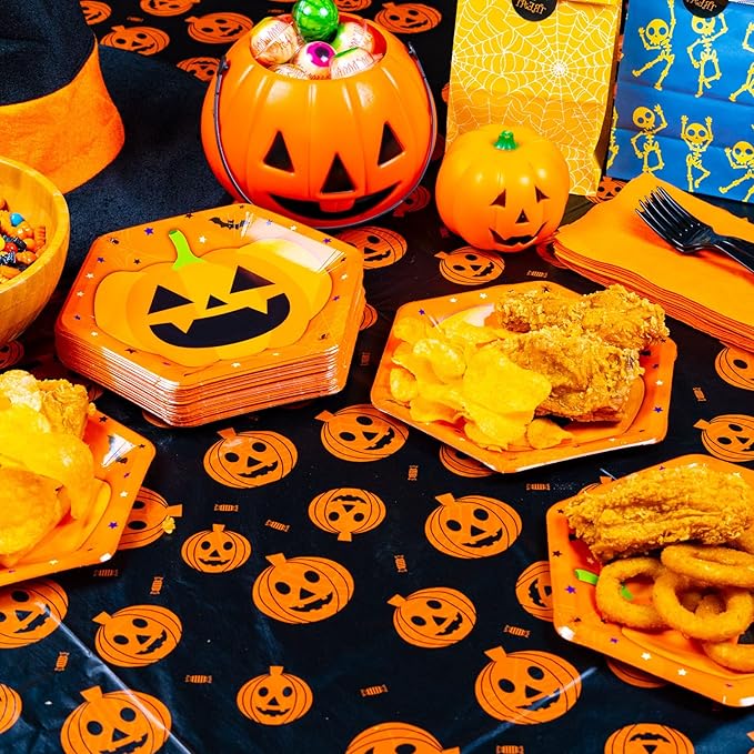 Halloween Tablecloth, 6-Pack Disposable Table Cloths, Pumpkins Plastic Covers, 54 x 108 Inches, Party Decorations