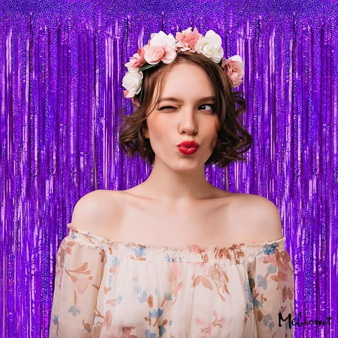 4 Pack 3.2Ft x 8.2Ft Purple Fringe Curtain Backdrop, Sparkle Metallic Tinsel Foil Fringe Streamers Background for Photo Booth Birthday Wedding Baby Shower Halloween Christmas Party Decorations