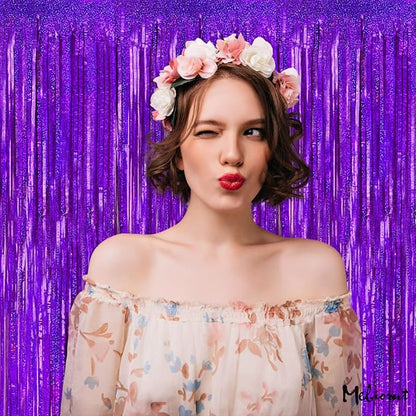 4 Pack 3.2Ft x 8.2Ft Purple Fringe Curtain Backdrop, Sparkle Metallic Tinsel Foil Fringe Streamers Background for Photo Booth Birthday Wedding Baby Shower Halloween Christmas Party Decorations