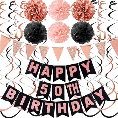 50th Birthday Decorations for Women, Black Rose Gold 50th Birthday Party Decorations, Including Happy 50th Birthday Banner, Hanging Swirls, Honeycomb.
