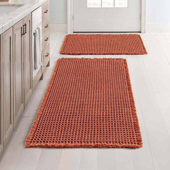 MIULEE Orange Set of 2 Waffle Bathroom Rugs, Boho Bath Rugs Non Slip Washable, Super Absorbent Bath Mats, Ultra Soft Rubber Backed Shower Mats for Bathroom Floor, Tub, 17"x24"+20"x32"