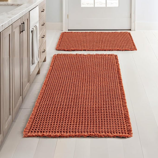 MIULEE Orange Set of 2 Waffle Bathroom Rugs, Boho Bath Rugs Non Slip Washable, Super Absorbent Bath Mats, Ultra Soft Rubber Backed Shower Mats for Bathroom Floor, Tub, 17"x24"+20"x32"