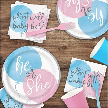 HOME & HOOPLA Baby Shower Gender Reveal Party Pink & Blue Watercolor Paper Dessert Plates and Beverage Napkins(Serves 16)
