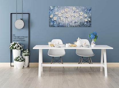 YHSKY ARTS 3D Hand - Painted White Floral Wall Art with Printed Blue Background, Textured Flower Decor for Home