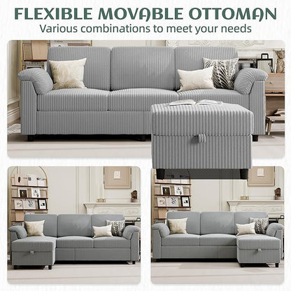 Vongrasig 79" Convertible Sectional Couch Sofa with Storage Ottoman, 3 Seat L Shaped Couch with Side Storage Pockage, Small Couches for Living Room, Apartment and Small Space (Light Grey)