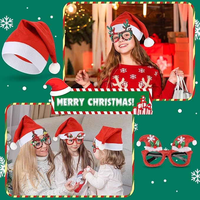 Hiboom 100 Piece Bulk Santa Hat Glasses Costume Set Christmas Santa Hats Xmas Tree Elk Glasses Funny Glitter Frames Eyewear for Christmas Holiday Party Gift Photo Booth Props Decorations
