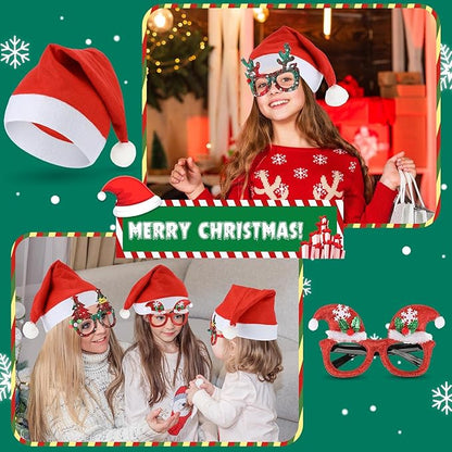 Hiboom 100 Piece Bulk Santa Hat Glasses Costume Set Christmas Santa Hats Xmas Tree Elk Glasses Funny Glitter Frames Eyewear for Christmas Holiday Party Gift Photo Booth Props Decorations