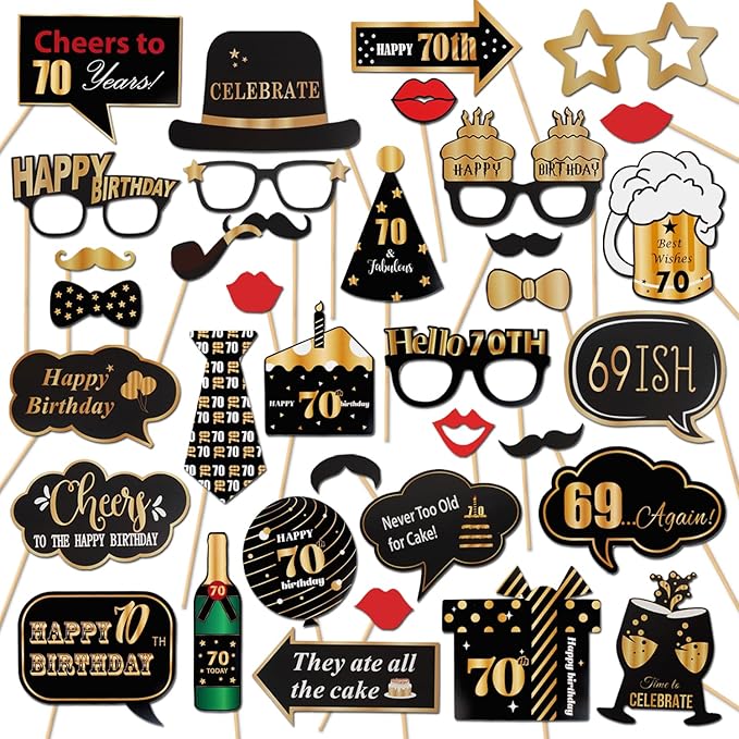 LINGTEER Happy 70th Birthday Party Photo Booth Props,Cheers to 70th Birthday Seventy Years Old Bday Party Centerpieces Props Decorations Sign.