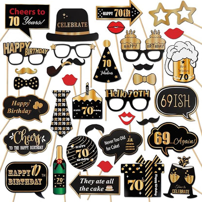 LINGTEER Happy 70th Birthday Party Photo Booth Props,Cheers to 70th Birthday Seventy Years Old Bday Party Centerpieces Props Decorations Sign.