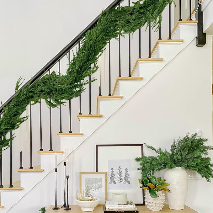 TOKCARE 6FT Real Touch Norfolk Pine Garland, 2 Pcs Artificial Christmas Greenery Garland for Mantle, Fireplace, Table, Indoor Outdoor Xmas Decor