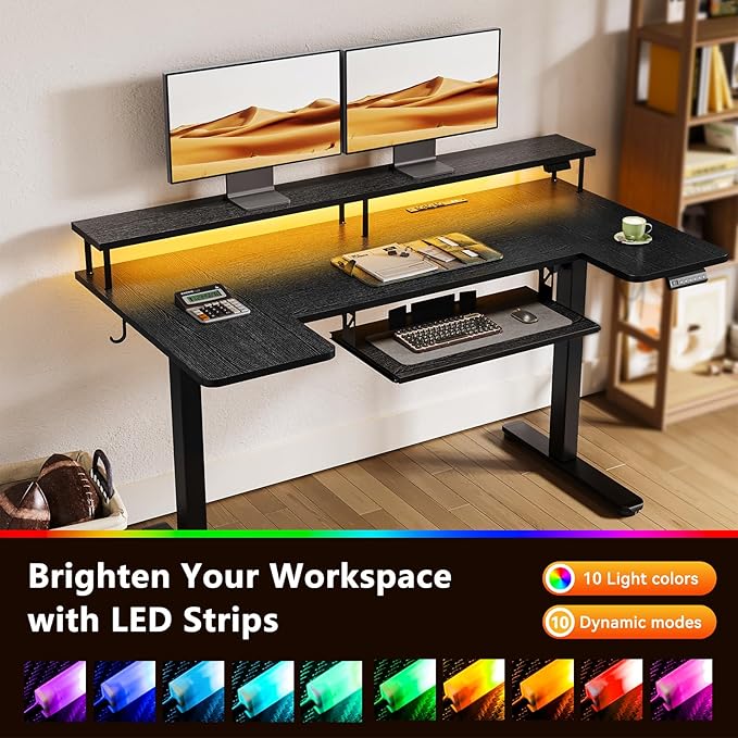 OffiGo U Shaped Electric Standing Desk with Keyboard Tray, 55 Inch Height Adjustable Desk with Power Outlets & LED Lights, Sit Stand Table with Monitor Stand for Home, Office, Black