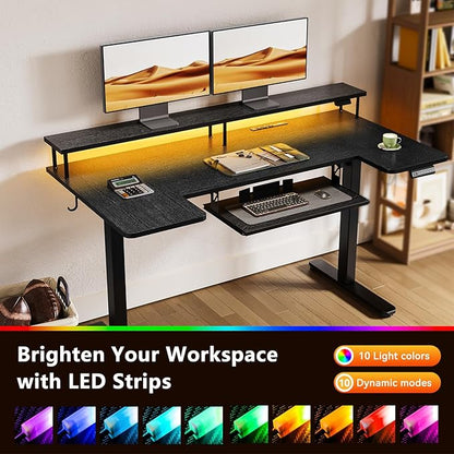 OffiGo U Shaped Electric Standing Desk with Keyboard Tray, 55 Inch Height Adjustable Desk with Power Outlets & LED Lights, Sit Stand Table with Monitor Stand for Home, Office, Black