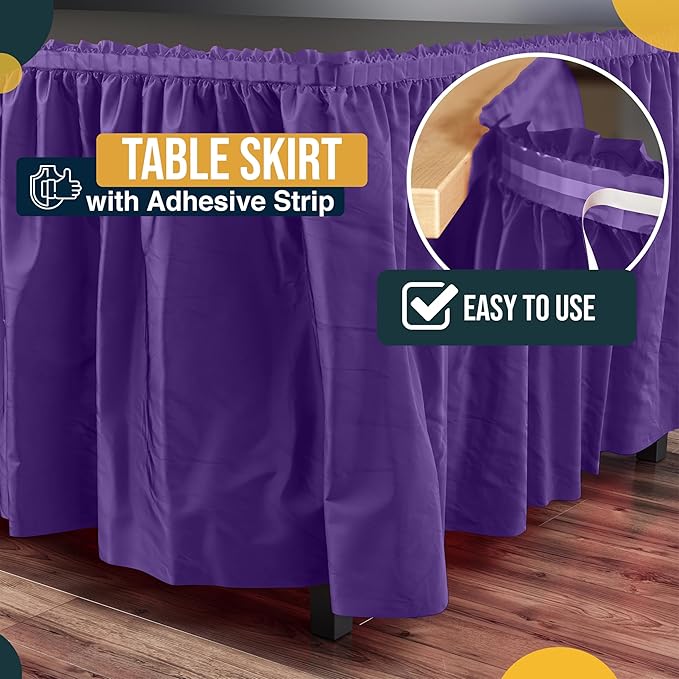 Exquisite Ruffle Table Skirt Purple 48 Pack 14 Ft Long Table Skirts for Rectangle Tables 6ft Plus or Round Tables Skirts with Adhesive Strip for Gender Reveal Decor & Happy Birthday Parties