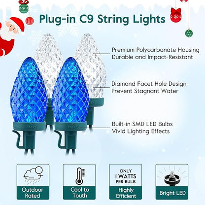 Brightown C9 LED Christmas Lights Outdoor, 66 ft 100 LED Strawberry String Lights, Waterproof Commercial Grade Extendable for Outside Roofline Patio Home Xmas Decoration, Blue and White