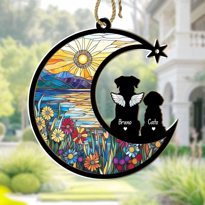 Personalized Pet Memorial Suncatcher – Custom Dog & Cat Suncatcher with Name, Breed, and Multiple Background Options for Up to 3 Pets, Pet Loss Sympathy Gift, Memorial Keepsake for Dog and Cat Lovers
