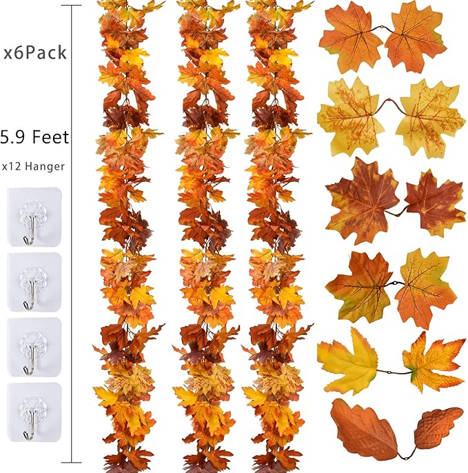 DearHouse 6 Pack Fall Garland Maple Leaf Clearance, 5.9Ft/Piece Hanging Vine Artificial Autumn Garland Thanksgiving Decor for Home Wedding Fireplace Party Christmas (Orange)