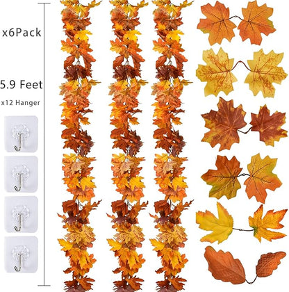 DearHouse 6 Pack Fall Garland Maple Leaf Clearance, 5.9Ft/Piece Hanging Vine Artificial Autumn Garland Thanksgiving Decor for Home Wedding Fireplace Party Christmas (Orange)
