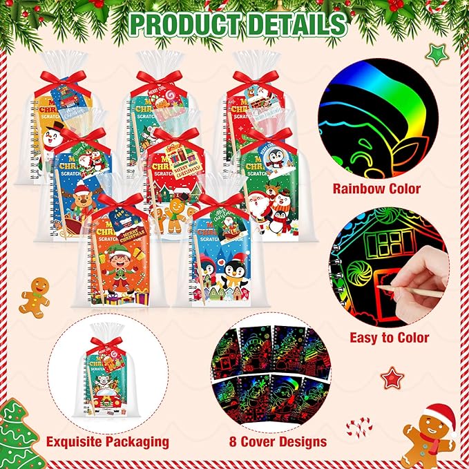 Funrous 24 Pack Christmas Scratch Crafts Gifts Christmas Rainbow Scratch Art Notebooks Bulk Xmas Party Favors Stocking Stuffers Coloring Books for Xmas Gift Birthday Party Activities Supplies