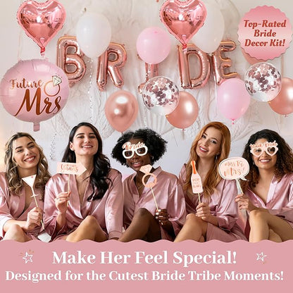 VIDAL CRAFTS 62-Piece Rose Gold Bridal Shower Decorations – Bachelorette Party Decor with Confetti Balloons, Bride-to-Be Banner, Bridal Veil, Fringe Curtains, Bride Sash & Fun Photo Props [UPGRADED]