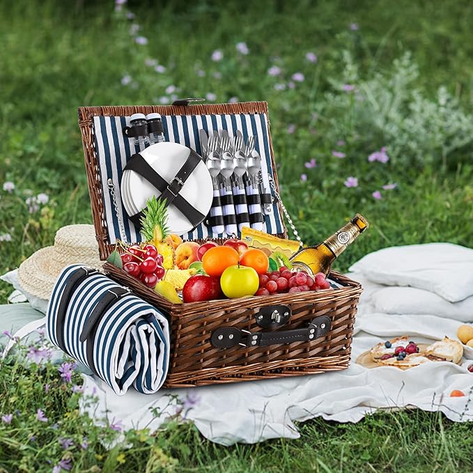 Picnic Basket for 4 with Waterproof Picnic Blanket and Insulated Cooler, Wicker Picnic Set, Willow Hamper for Camping, Outdoors, Photoshoot, or a Birthday, Mother's Day, Wedding Gift, Blue