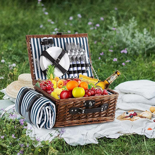 Picnic Basket for 4 with Waterproof Picnic Blanket and Insulated Cooler, Wicker Picnic Set, Willow Hamper for Camping, Outdoors, Photoshoot, or a Birthday, Mother's Day, Wedding Gift, Blue