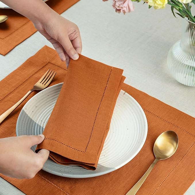 D'Moksha Homes Rust Linen Napkins Set of 4 - Classic Hemstitch 100% Pure Linen Hemstitch Dinner Napkins 20 x 20 Inch for Winter, Christmas, Holiday - Handcrafted and Machine Washable