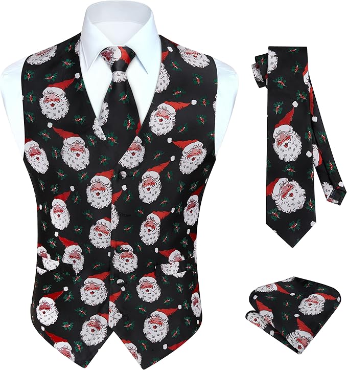 HISDERN Men's Suit Vest Christmas Holiday Season Party Jacquard Waistcoats Necktie Pocket Square Vest Suit Set