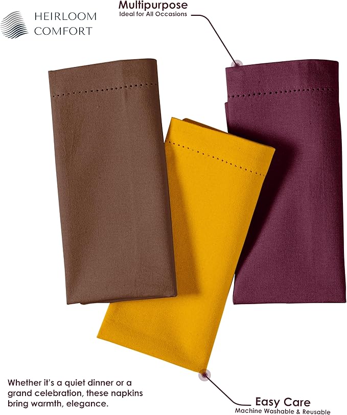 Multi Color Cloth Napkins 18"x18" - Set of 12-100% Cotton, Washable, Reusable - Perfect Hotel Quality Napkin for Table, Dinner, Weddings, Everyday Dining - Yellow, Brown, Burgundy
