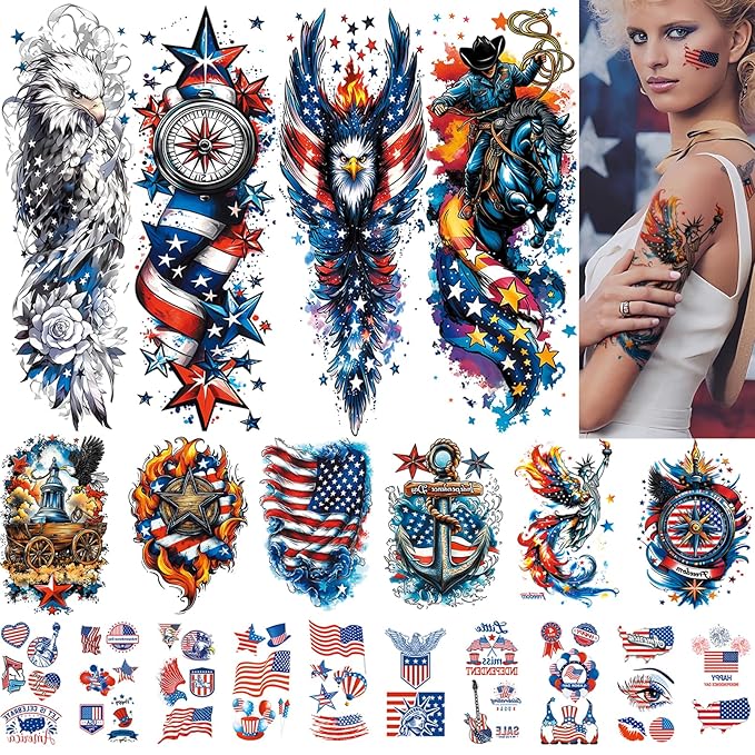 Independence Day Temporary Tattoos, USA Flag Patriotic Waterproof Fake Tattoos, Red White Blue Party Supplies Temp Tattoo Kits 4th of July Memorial Day, Veterans Day, Summer Festivals