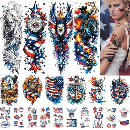 Independence Day Temporary Tattoos, USA Flag Patriotic Waterproof Fake Tattoos, Red White Blue Party Supplies Temp Tattoo Kits 4th of July Memorial Day, Veterans Day, Summer Festivals