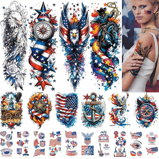Independence Day Temporary Tattoos, USA Flag Patriotic Waterproof Fake Tattoos, Red White Blue Party Supplies Temp Tattoo Kits 4th of July Memorial Day, Veterans Day, Summer Festivals
