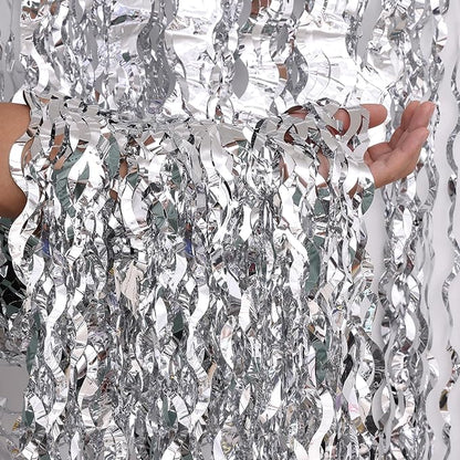 2 Pack 3.2x6.5 Feet Wavy Silver Foil Curtain Backdrop Metallic Tinsel Foil Fringe Curtains Photo Booth Props for Birthday Bachelorette Wedding Engagement Baby Shower Disco Party Decorations