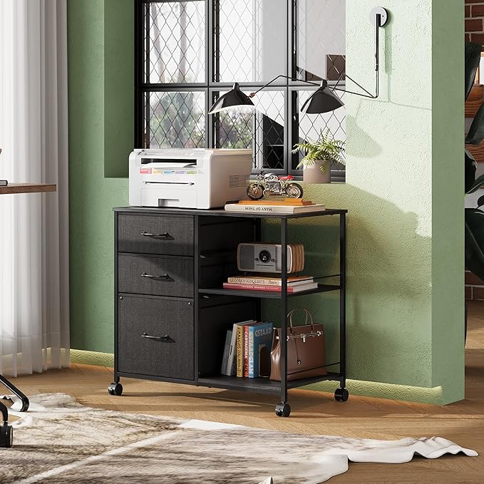 DEVAISE 3 Drawer Mobile File Cabinet, Rolling Printer Stand with Open Storage Shelf, Fabric Lateral Filing Cabinet fits A4 or Letter Size for Home Office, Black