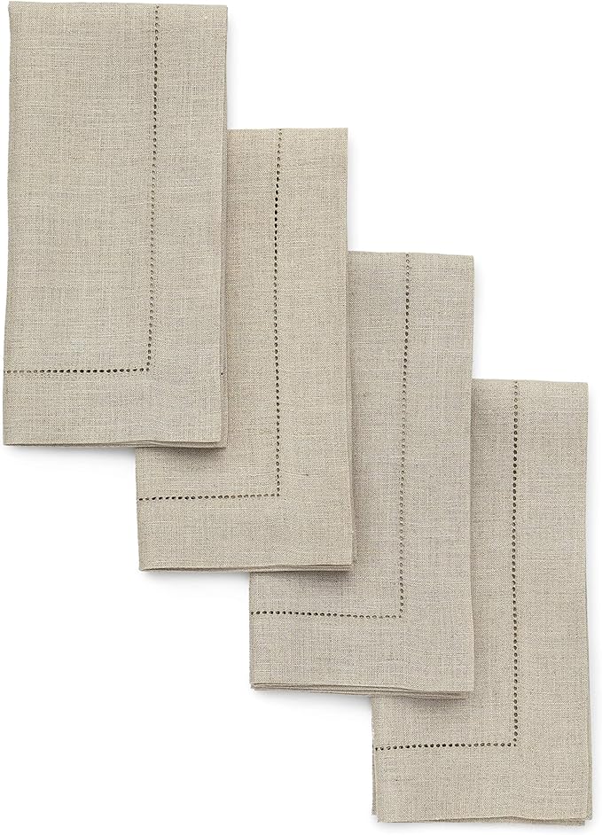 Solino Home Natural Linen Napkins Set of 4-100% Pure Linen Hemstitch Dinner Napkins 20 x 20 Inch for Fall, Autumn, Christmas, Holiday, New Year - Classic Hemstitch