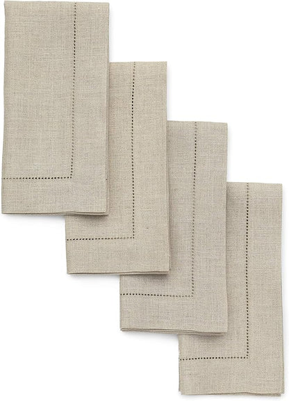 Solino Home Natural Linen Napkins Set of 4-100% Pure Linen Hemstitch Dinner Napkins 20 x 20 Inch for Fall, Autumn, Christmas, Holiday, New Year - Classic Hemstitch