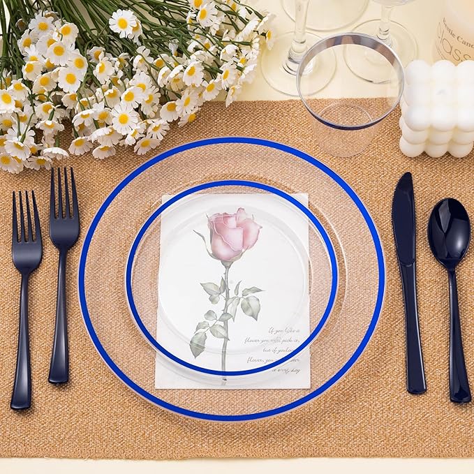 BESTSTAR 100PCS Blue and Clear Plastic Plates, Disposable Plate Set with 50 Dinner Plates and 50 Dessert Plates for Party, National Day, Memorial Day