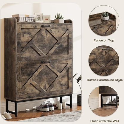 Nicetree Shoe Cabinet with 2 Flip Drawers, Freestanding Shoe Storage Cabinet with Metal Legs, Farmhouse Shoe Organizer for Entryway, Foyer, Hallway