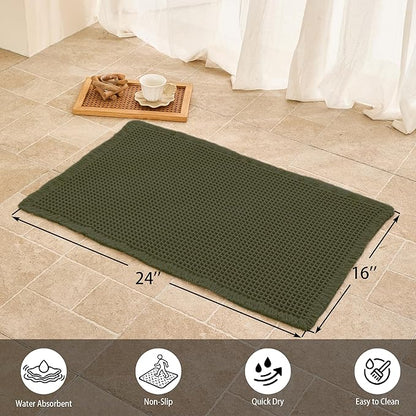 Waffle Bath Mat Non Slip, Boho Bathroom Rug, Super Absorbent Quick Dry Bathroom Mat, Soft Farmhouse Bath Rug with Tassels, Small Washable Shower Mats for Floor 16"x24", Olive Green