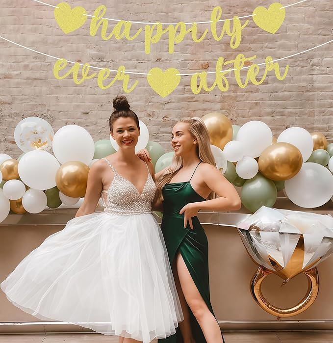 Pre-Strung Happily Ever After Banner - Gold Glitter Bachelorette Bridal Engagement Party Decoration Supplies, Bachelorette Wedding Party Banner for Engagement, Bridal Shower, Wedding Party Photo Booth Props
