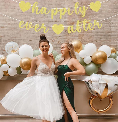 Pre-Strung Happily Ever After Banner - Gold Glitter Bachelorette Bridal Engagement Party Decoration Supplies, Bachelorette Wedding Party Banner for Engagement, Bridal Shower, Wedding Party Photo Booth Props
