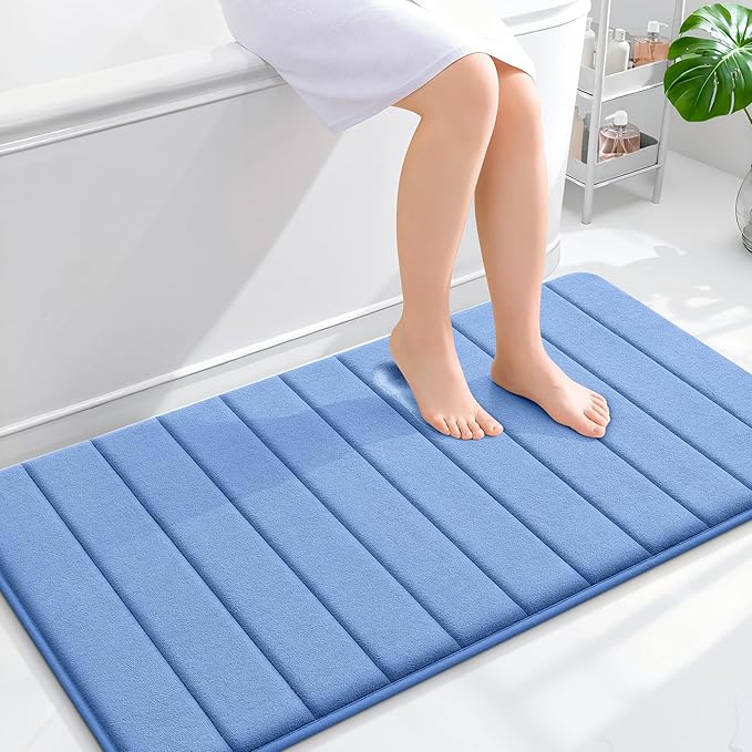 OLANLY Memory Foam Bath Mat 44x24, Super Soft Absorbent Bathroom Rugs, Quick Dry, Machine Washable Shower Floor Rugs, Bathmat Carpet, Bathroom Home Decor Accessories, Cornflower Blue