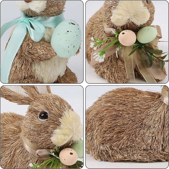 DR.DUDU Set of 2 Easter Decorations Bunny Figurines with Eggs, Spring Straw Rabbit Tabletop Decor, Rustic Sisal Bunny Statues Springtime Decor for Home Table Office Kitchen Farmhouse