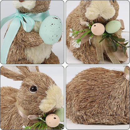 DR.DUDU Set of 2 Easter Decorations Bunny Figurines with Eggs, Spring Straw Rabbit Tabletop Decor, Rustic Sisal Bunny Statues Springtime Decor for Home Table Office Kitchen Farmhouse